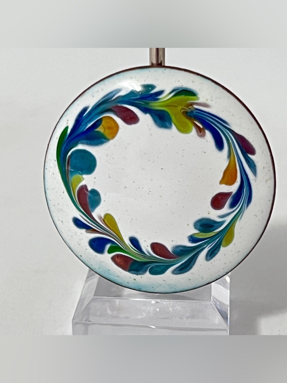 Vintage Enamel Wreath Brooch Vibrant Multi-Color Leaf Design on White MCM